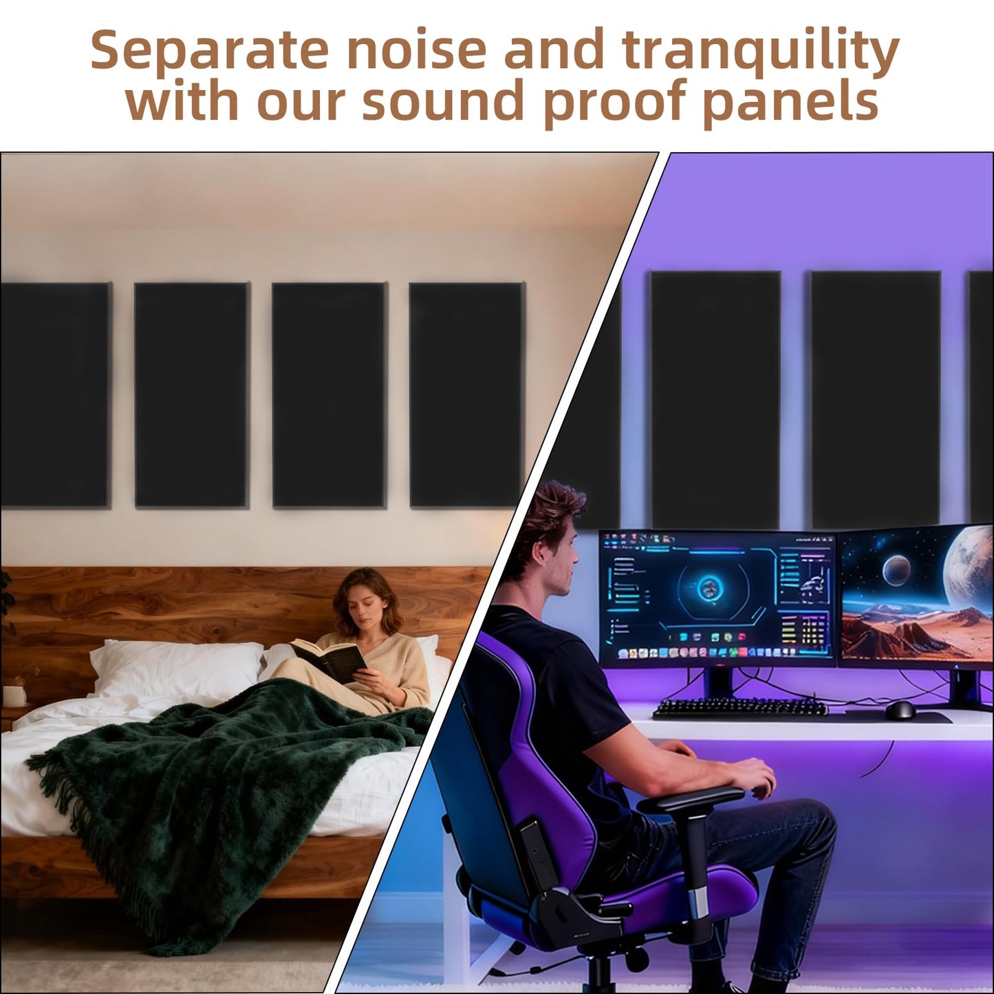 FAHKNS Sound Absorbing Acoustic Wall Panels: 48"x24"x2" Fiberglass Soundproof Wall Panels,Large Fabric Wrapped Noise Reducing Sound Insulation Panels(Black,2 Pack)