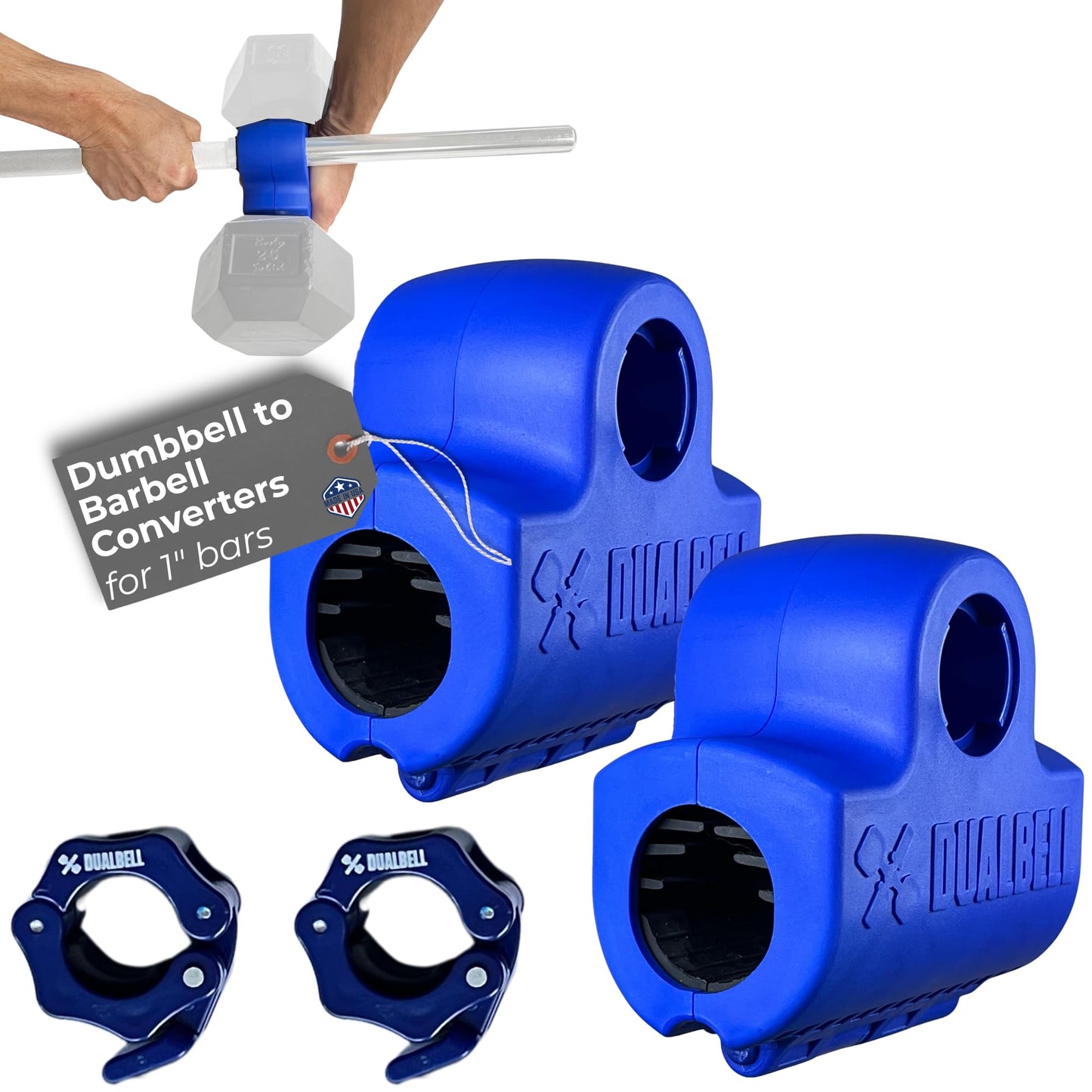 DUALBELL Dumbbell Barbell Adapters, Blue w/Blue Weight Collars for 1" Bar, Dumbbell Converters Quickly Connect Dumbbells to Barbell Securely for Home Gym Workouts