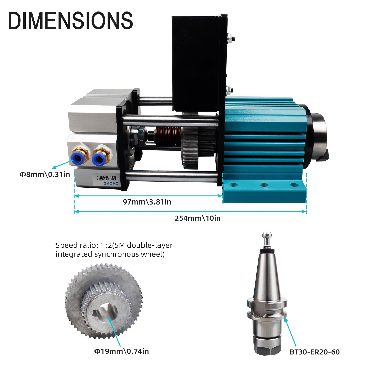 XUNKUNER BT30 Pneumatic Auto-Switching Spindle, 5000RPM Non-Powered Motor with Cylinder Assembly, 7075 Aluminum Alloy CNC Spindle for Drilling, Tapping, Milling, Metal Heavy Cutting