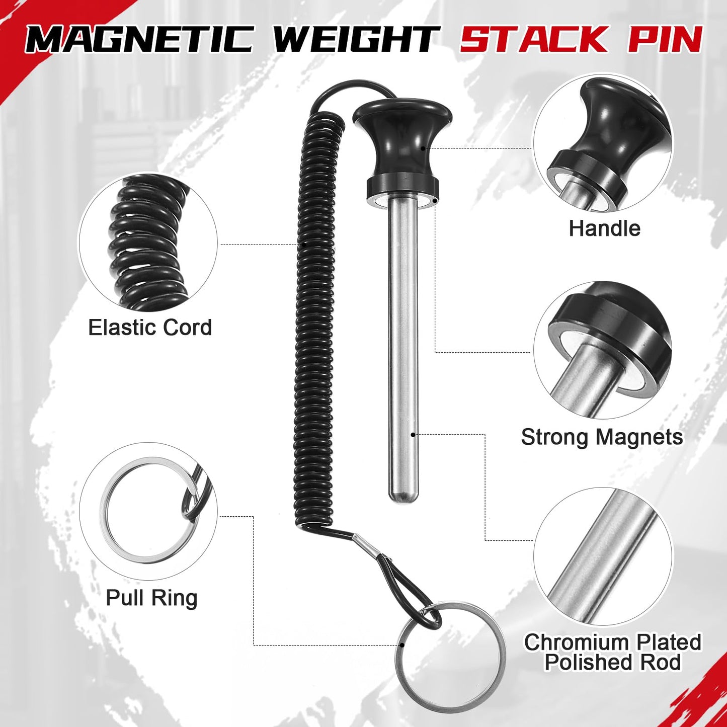 Lasnten 2 Pcs Weight Stack Pin Magnetic Universal Gym Weight Pin 0.4 inch Drop Set with Pull Rope for Plate Apertures Above 10.5 mm Heavy Duty (Black)