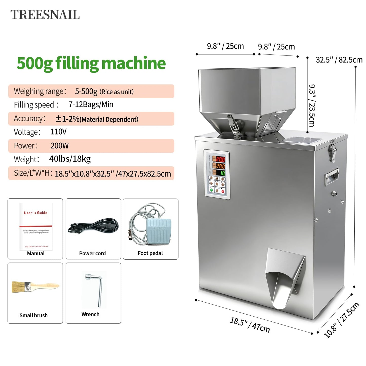 TREESNAIL 5-500g (0.011-1.1lbs) Powder Filling Machine, Automatic Intelligent Particle Weighing & Dispensing Filler for Tea, Coffee, Flour, Spices, Granules, 10-12 Packs/Min, 110V