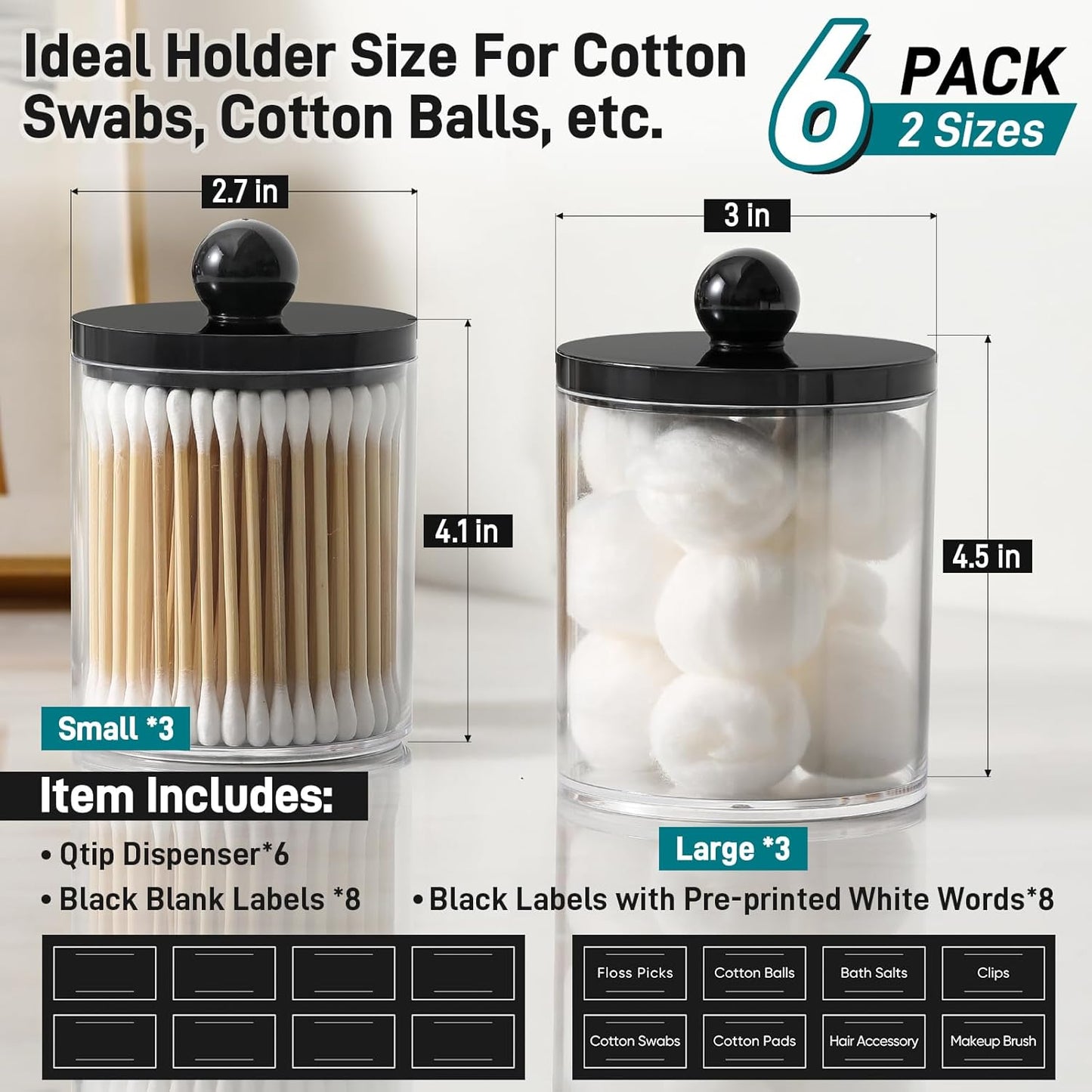 Skiennix Acrylic Qtip Holder Dispenser - 6 Pack Clear & Black Bathroom Storage Organizer
