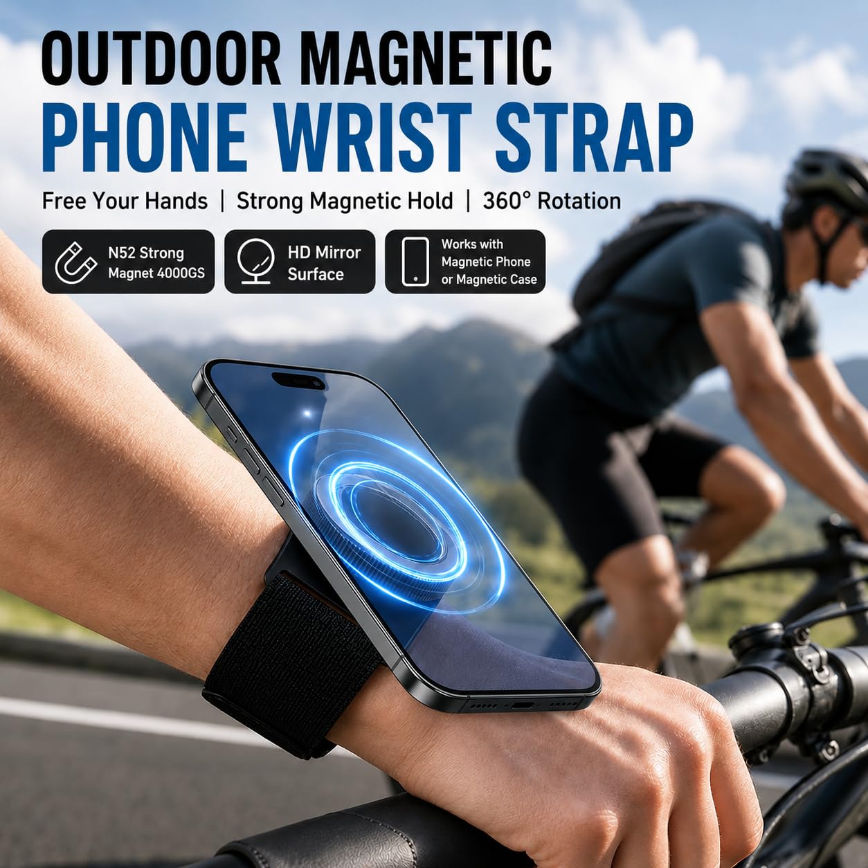 Magnetic Sport Wristband Phone Holder with HD Mirror & N52 Magnet, 360° Rotate Detachable Running Armband for iPhone 17 16 15 14 13 12 Pro Max, Galaxy Sports Wrist Forearm Mount for Gym Cycling