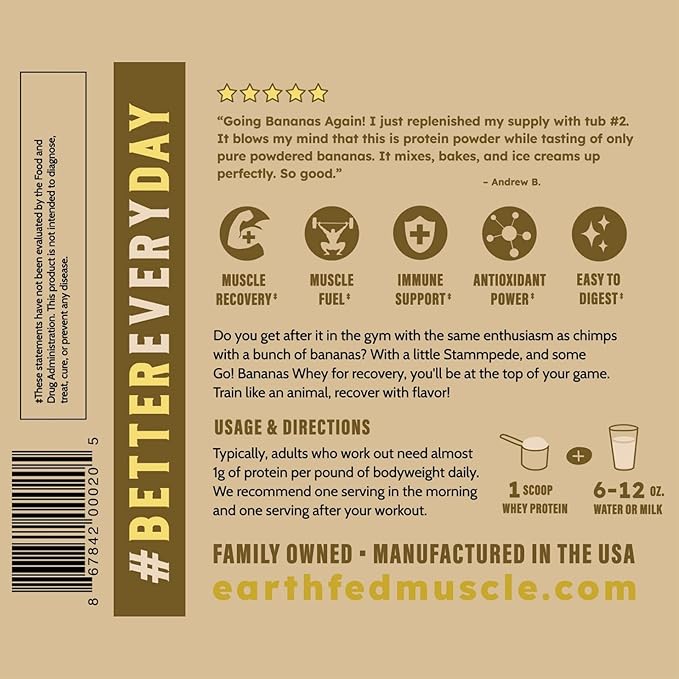 Earth Fed Muscle Go!?¯Bananas Irish Grass?‘Fed Whey Protein Isolate ??All Natural Banana Flavor, Zero Added Sugar, Soy?‘Free, Gluten?‘Free (2lb, 27 Servings, Banana)