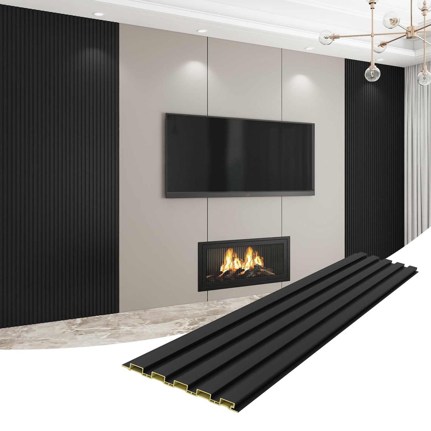 VESLARA 8-Pack WPC Wall Panels 118’’ x 6.3’’ 3D Slat Wall Panel Acoustic Wall Paneling for Interior Wall Decor TV Background Kitchen Bedroom Black