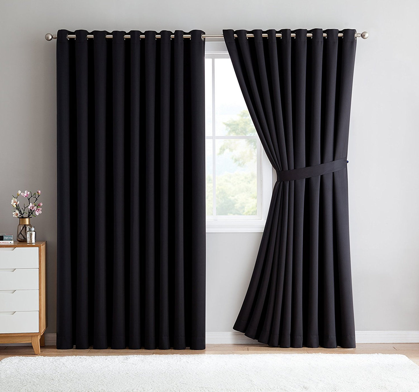 Warm Home Designs Extra Large 2 Black Wall to Wall Curtains 108" x 99" Each with 2 Matching Tie-Backs. Total Width is 216 Inches (18 feet). Great as Room Dividers or Partitions. N Black Wall 99"
