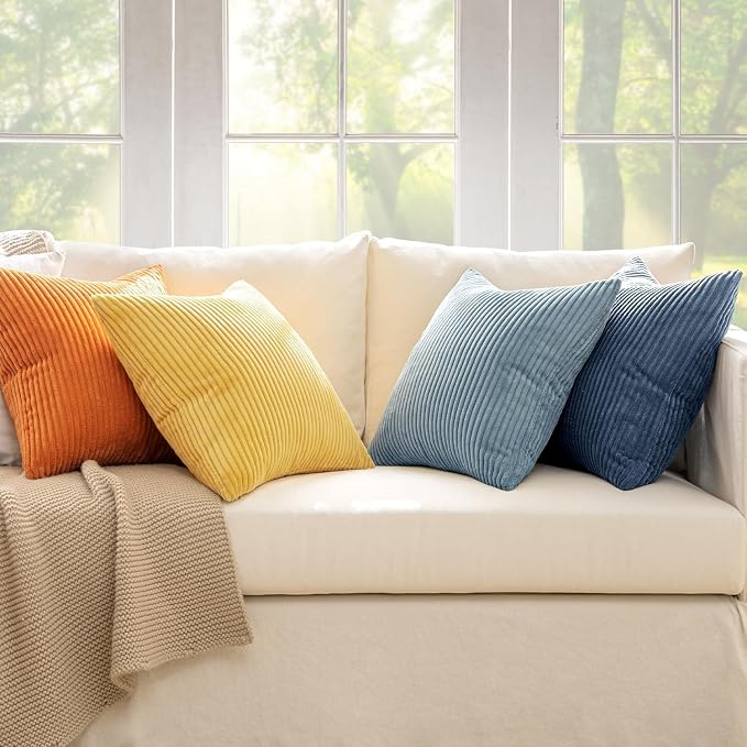 MIULEE Pack of 4 Blue-Orange Corduroy Decorative Throw Pillow Covers 20x20 Inch Soft Boho Striped Pillow Covers Modern Farmhouse Home Decor for Summer Sofa Living Room Couch Bed