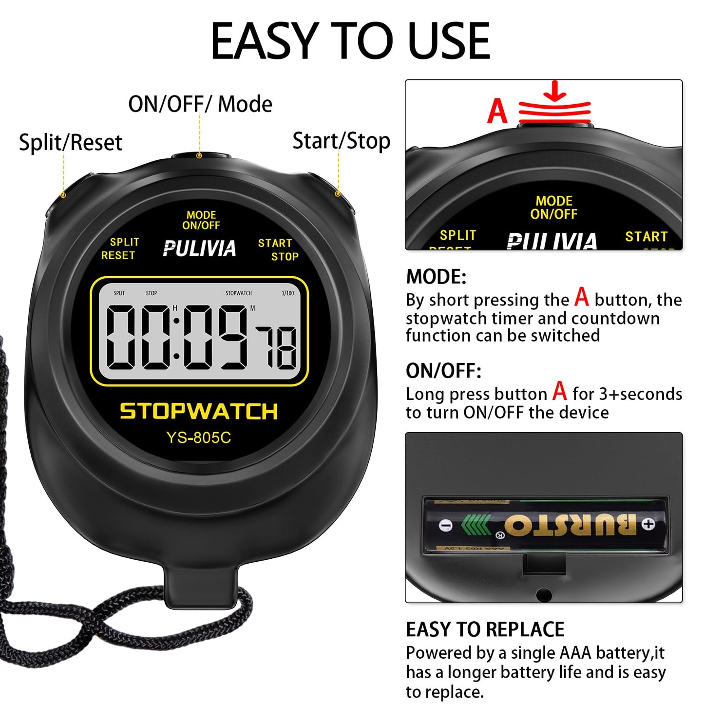 PULIVIA Stopwatch Timer with Countdown, Simple Operation Digital Stop Watch for Sports, Countdown-Alarm Button-Sound, AAA Battery Included (Black)