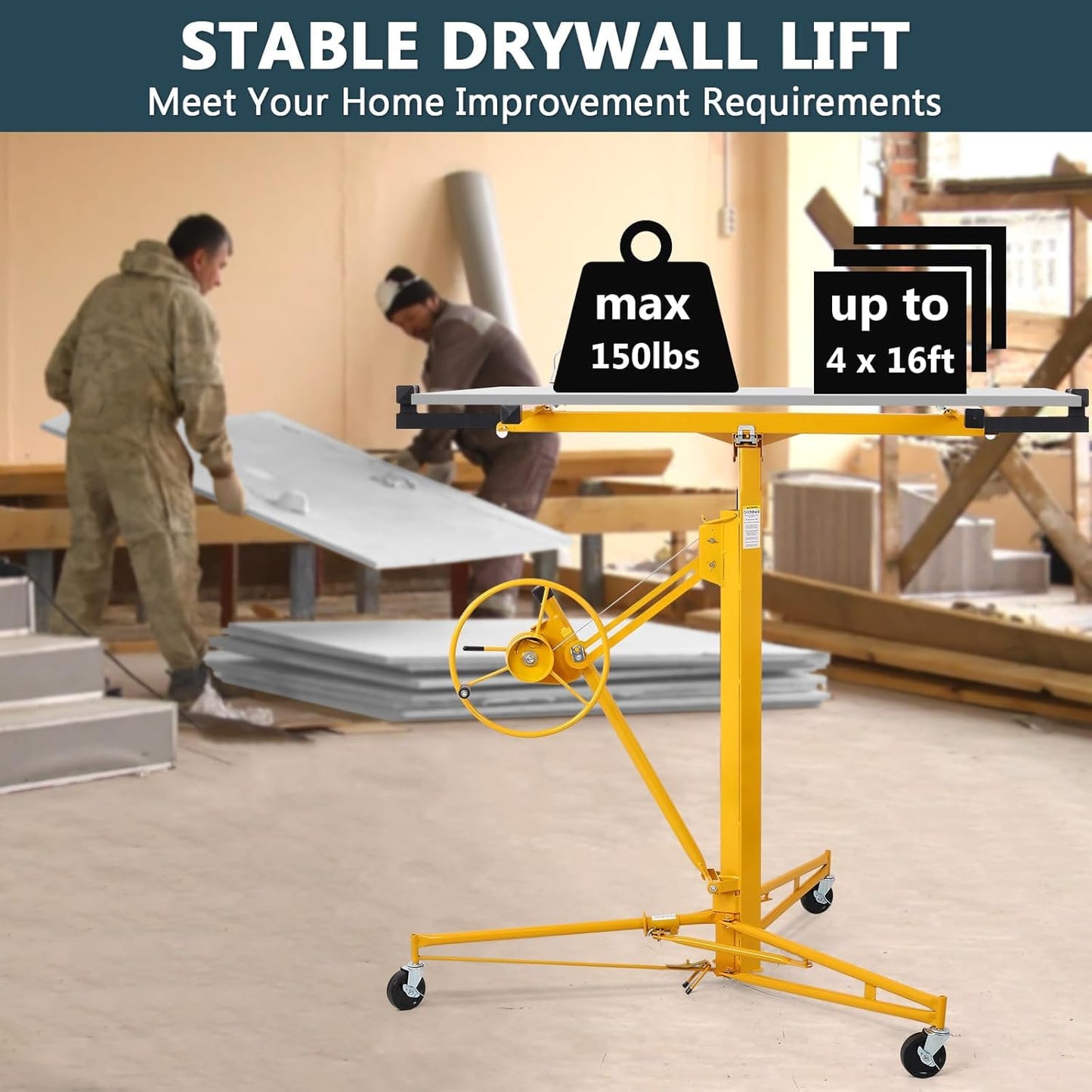 Rovibek 11FT Drywall Lift, Drywall Jack Lift for Ceiling, 360° Adjustable Drywall Panel Hoist, 150LBS Heavy Duty Drywall Lifter, Foldable Sheetrock Lift, Drywall Lift for Home Improvement (Yellow)