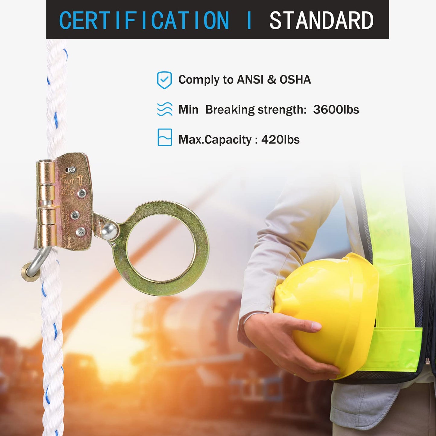 FHFallArrest Fall Protection Rope Grab,Fall Arrester, Used with 5/8” Lifeline Rope, for Construction, Climbing, Comply to ANSI/OSHA