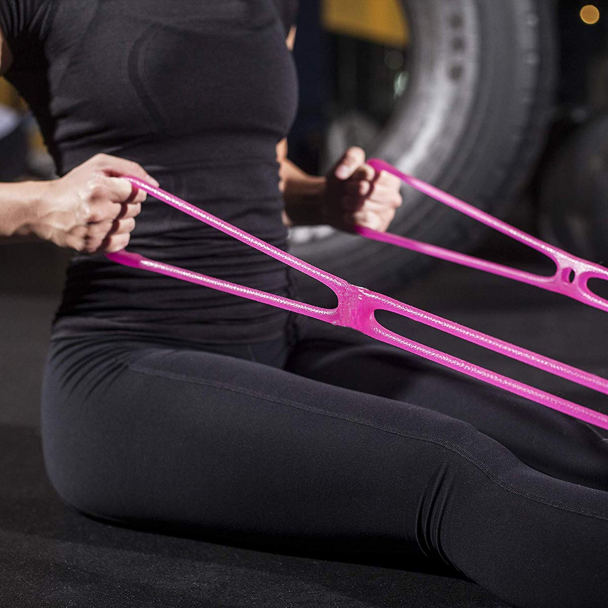 7 Ring Stretch Resistance Exercise Band - Miracle Miles Band, Yoga Stretching, Arm, Shoulders Foot, Leg Butt Fitness Home Gym Physical Therapy Band (Pink)