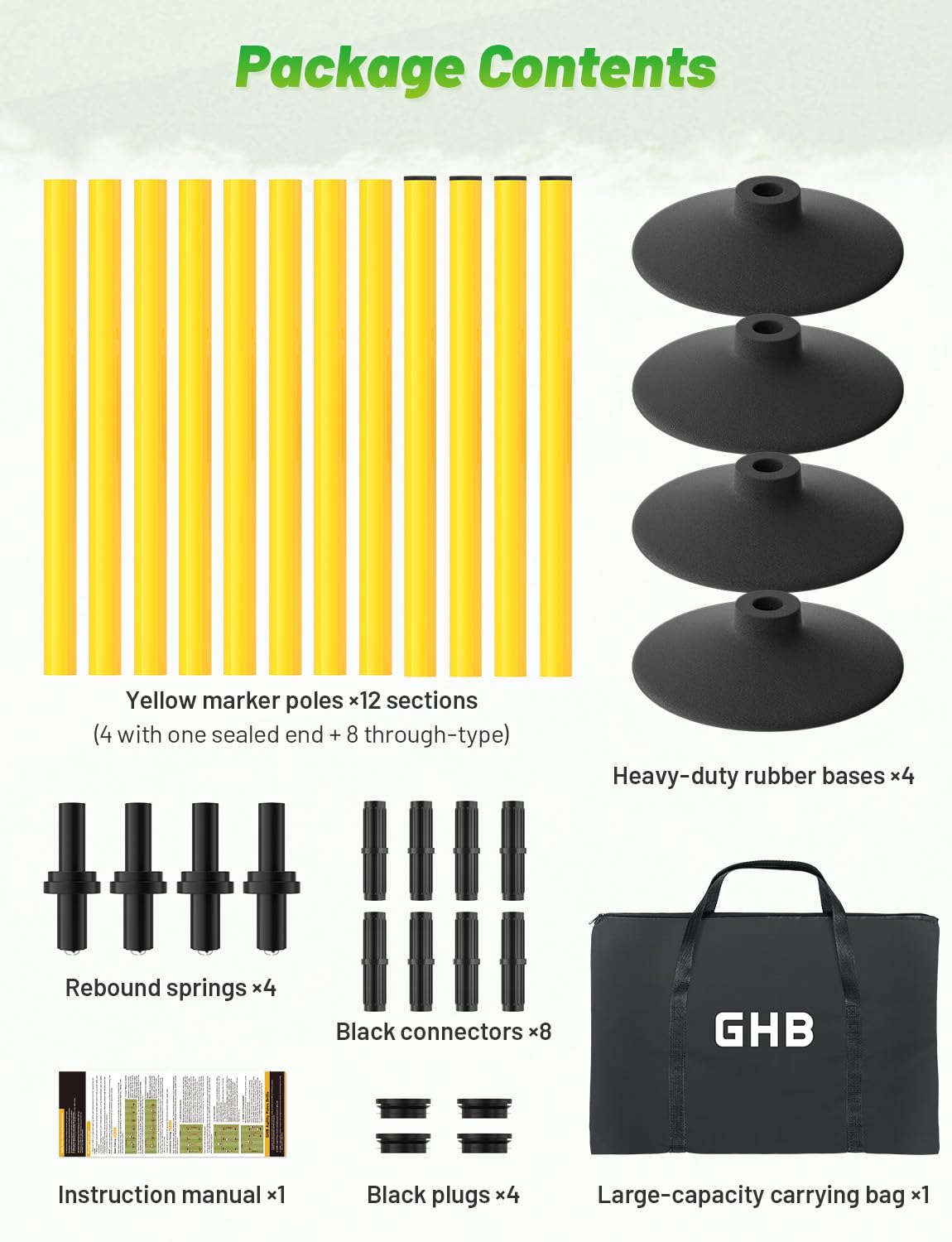GHB Agility Poles 4 Pack 50" Rebound Sports Basketball Training Poles,Detachable Speed Training Equipment Football Accessories with Rubber Base