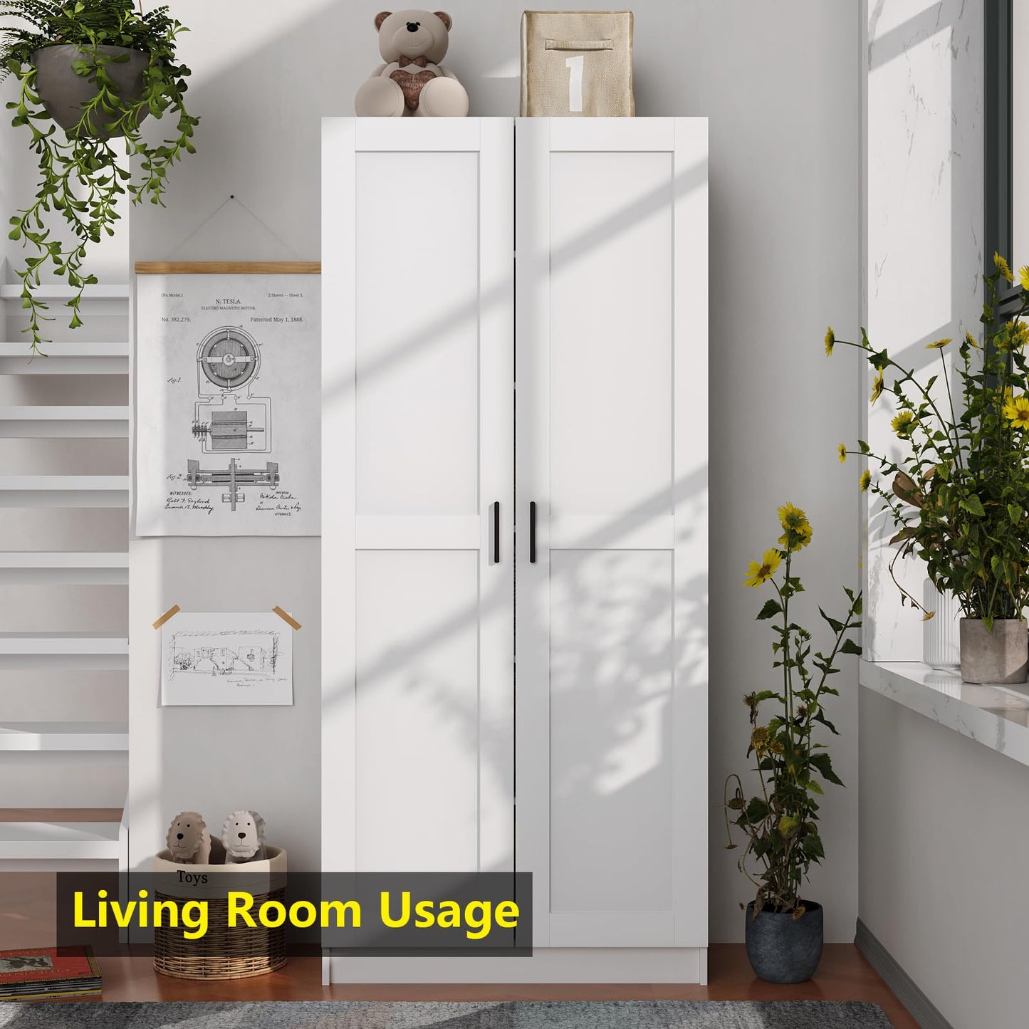 White Tall Kitchen Pantry Cabinet Organizers and Storage with Doors and Adjustable Shelves，Wood Large Gabinetes Para Cocina Office Bookshelf for Laundry Room Cabinets (31.5”W*15.7”D*71”H)