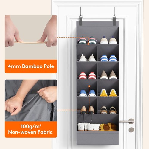 Lifewit 6-Tier Over The Door Shoe Organizer - 11 Large Deep Pockets for Up to 12 Pairs - Gray Fabric Storage Shelf