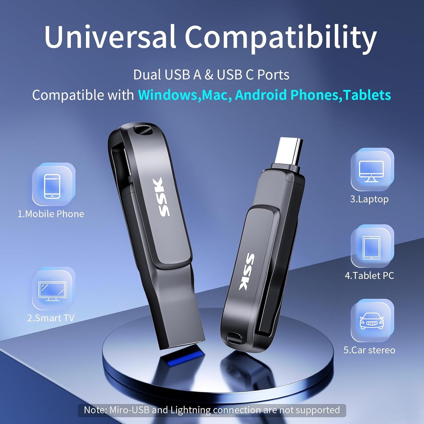 SSK 3.2 64GB,Up 200 USB Flash Drive to MB/S Read Speed USB C Memory Stick,Dual USB C Thumb Drive with USB Type-C