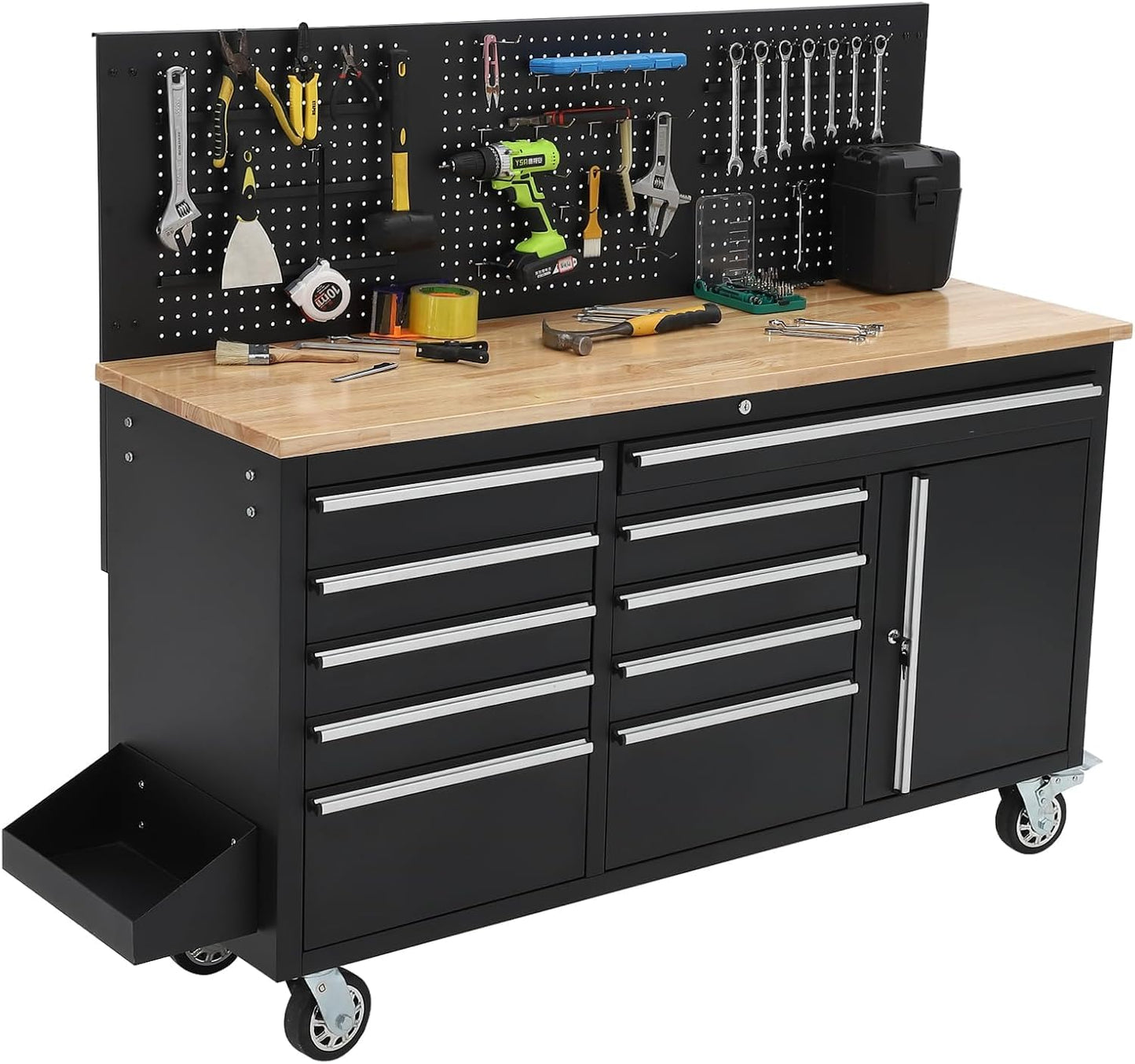 GarveeLife 61-Inch Rolling Tool Chest with 10 Drawers Garage Workbench, Solid Rubberwood Top, Storage Cabinet with Wheel Lock and Key Lock for Workshop, Garage, Kitchen and Home