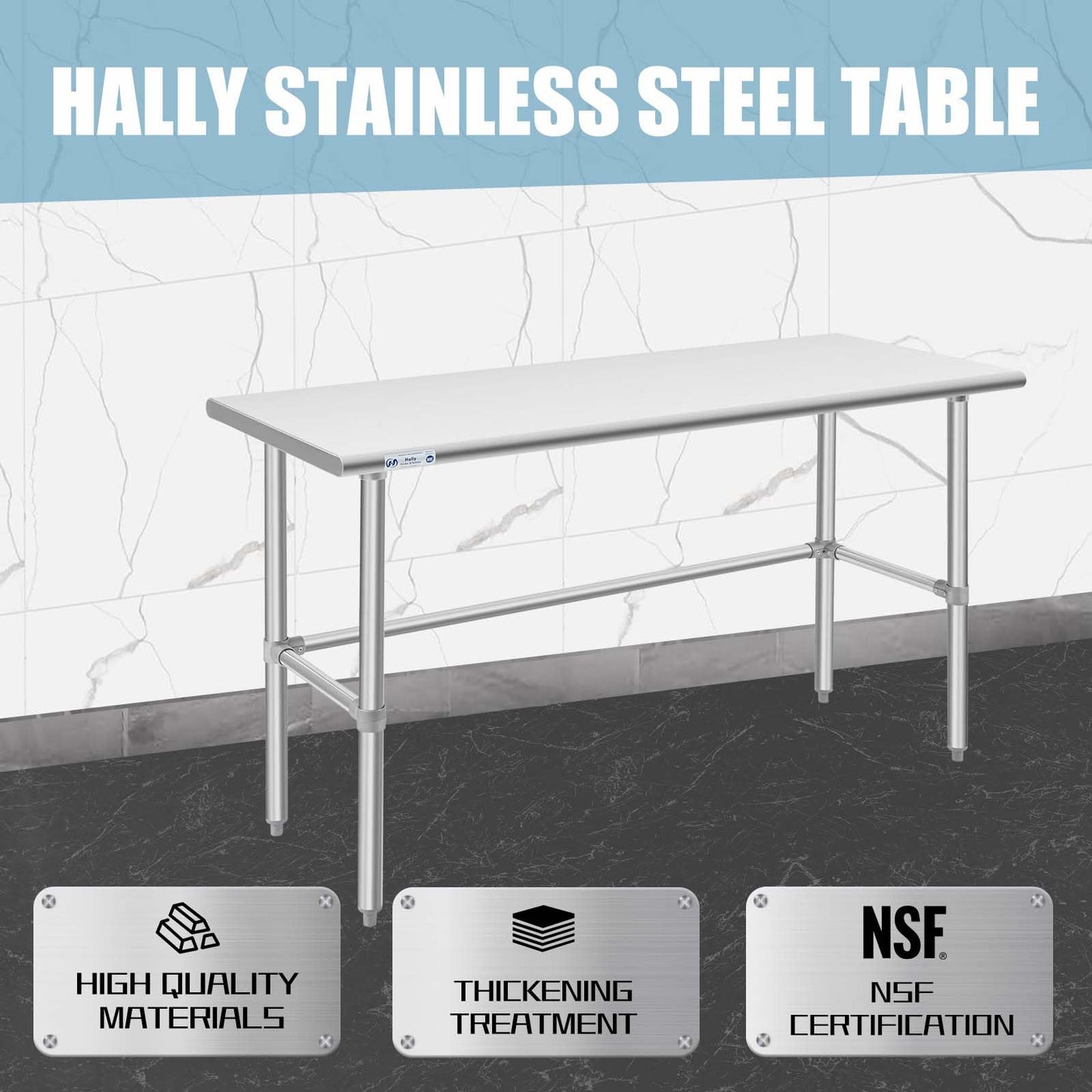 Hally Open Base Stainless Steel Table 24 x 60 Inches, NSF Commercial Heavy Duty Prep & Work Table with Galvanized Legs for Restaurant, Home and Hotel