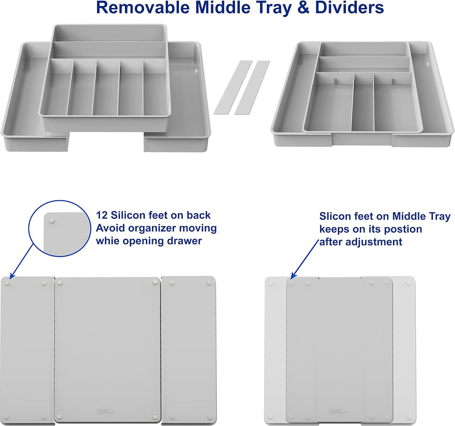 Simple Houseware Flatware Organizer - Adjustable Gray Cutlery Tray with 9 Compartments for Utensils
