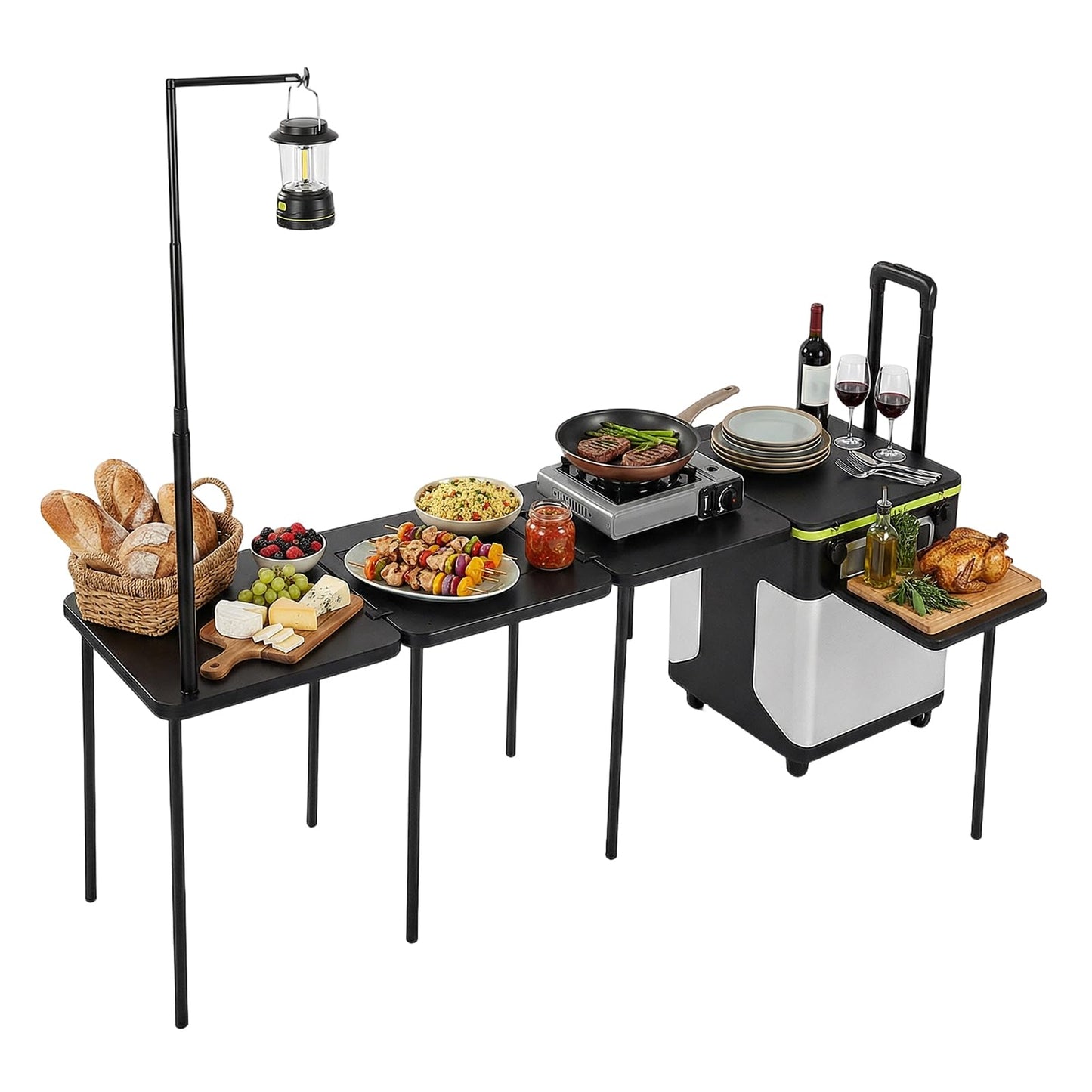 Outdoor Grill Cart Table with Wheels Portable Folding Camp Cook Station with Light Poles for Picnic Party Beach BBQ Cooking Indoor