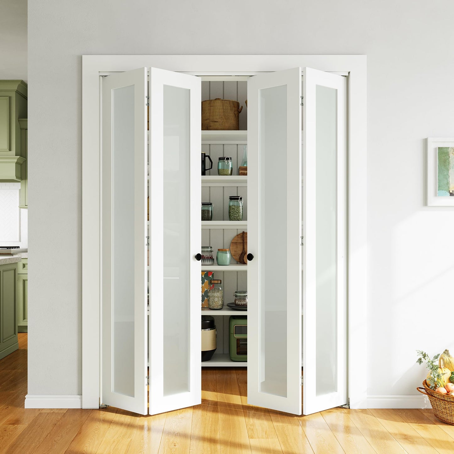 SMARTSTANDARD Bifold Door, 60'' (Double 30") x 80" Tempered Frosted Glass Bifold Closet Door, Interior Folding Doors with Hardware Track Kits, Easy Assembly, MDF, White