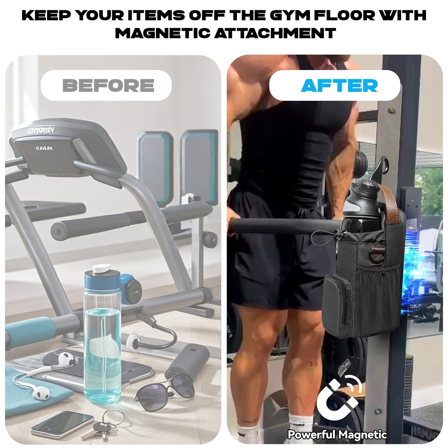Magnetic Gym Bag for Men and Women, Magnetic Water Bottle Holder for Gym, Small Gym Bag, Gym Gifts for Women and Men (Black-brown, <40 OZ)