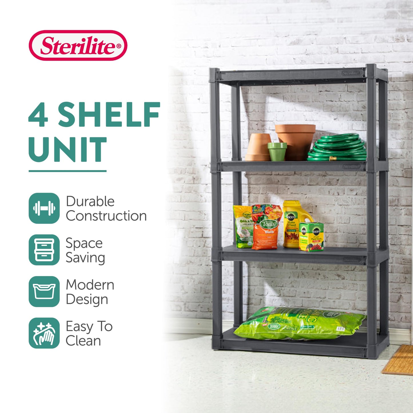Sterilite 2-Pack 4 Shelf Unit, Heavy-Duty Shelving Storage and Utility Rack - Standing Plastic Organizer Shelves for Kitchen, Bathroom, and Garage