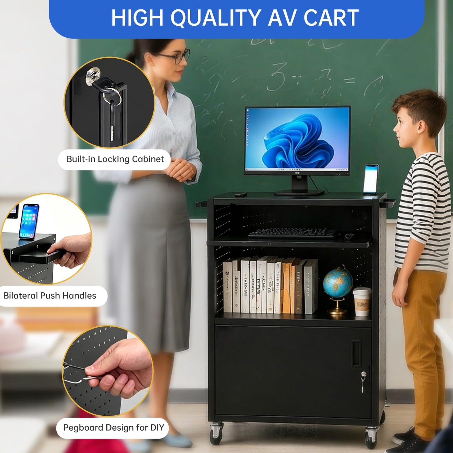 Upgraded AV Cart with Power Strip, Mobile Media Workstation with Pegboard & 12 Hooks, Locking Cabinet, Pull-Out Keyboard Tray, Rolling Computer Cart, Utility Trolley (40" x 18" x 31.5")