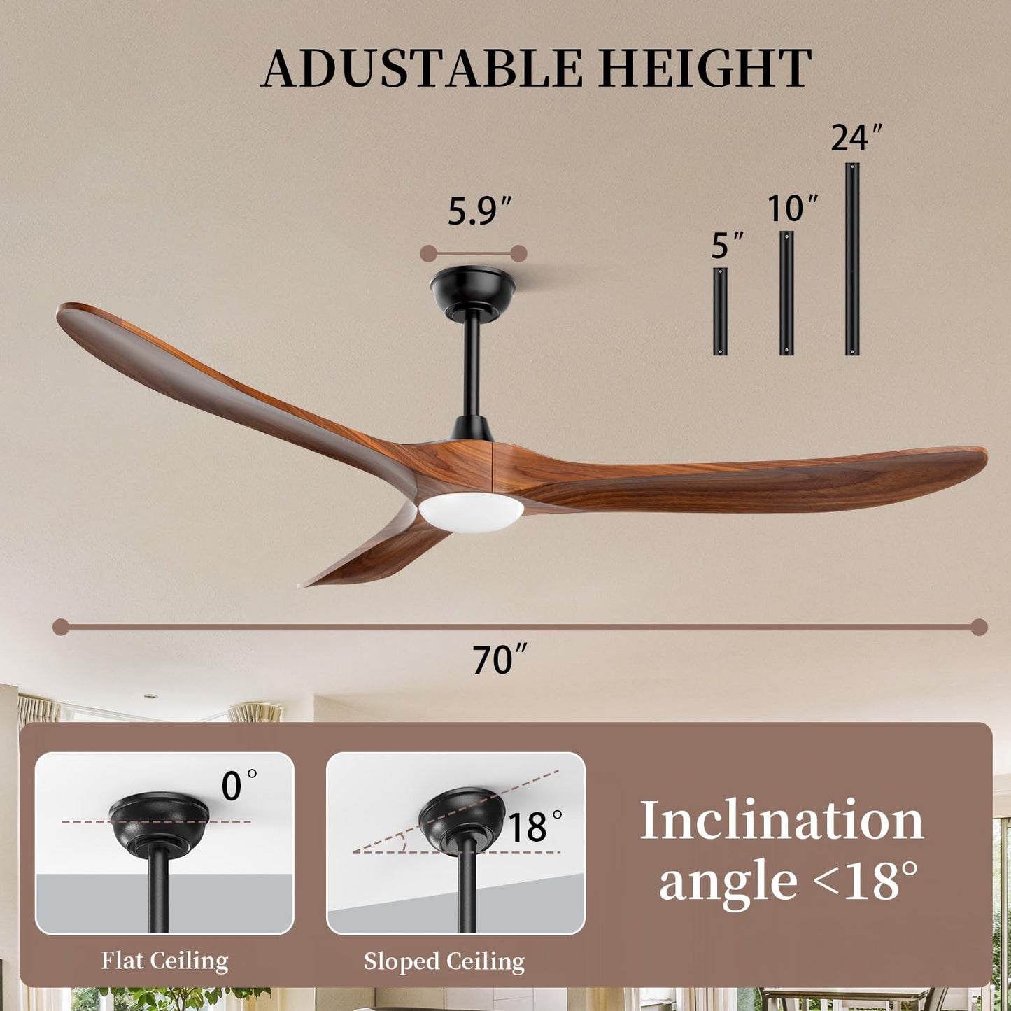 Obabala 70" Outdoor Ceiling Fan with Light and Remote, Solid Wood 3-Blade Ceiling Fan with DC Motor for Patio and Farmhouse, Dark Walnut