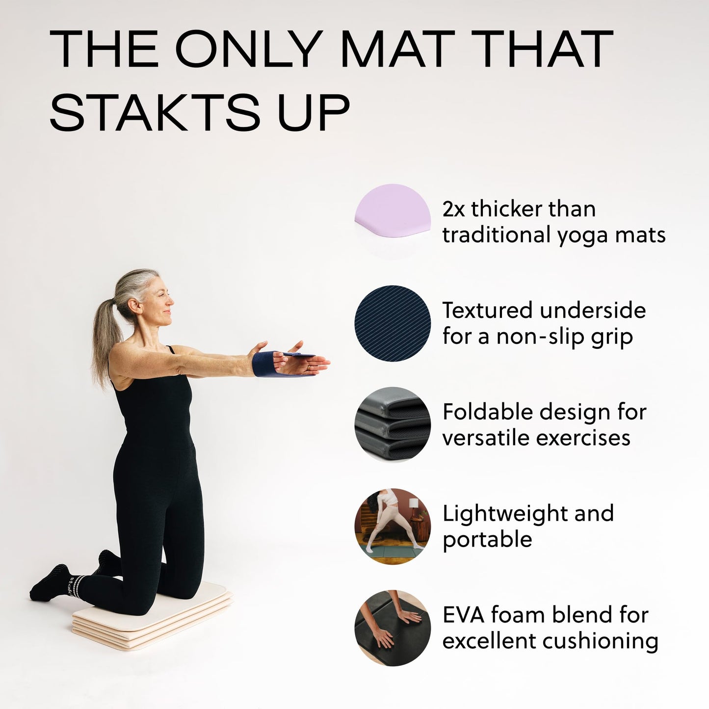 Stakt Foldable Yoga Mat Pro, 2 in 1 with Premium Textured Grip, Non Slip, Folding Exercise and Fitness Mat for Pilates, Strength Training, and High Impact Workouts - Dune