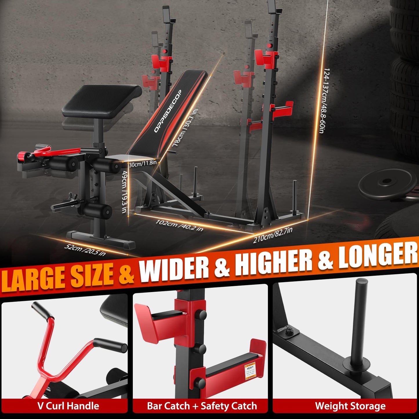 OPPSDECOR 900LBS Pro Weight Bench with Squat Rack | Easy Assembly | Flat Incline Decline Bench Press Set with Leg Developer & Preacher Curl, Heavy Duty Full-Body Home Gym Workout Station