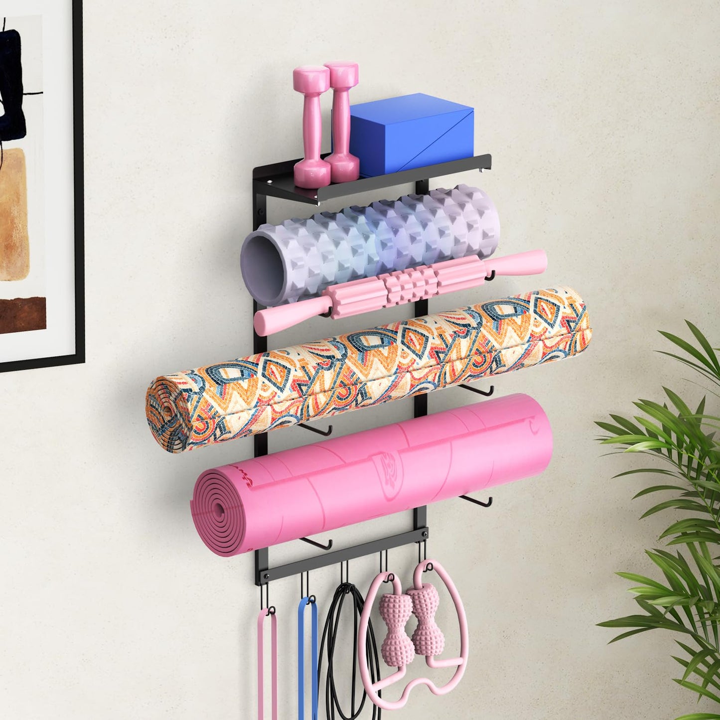 Inlisy Yoga Mat Holder Wall Mount, 4-Tier Iron Yoga Mat Rack Wall Mount Organizer, Heavy Duty Gym Wall Storage for Multiple Mats, Easy Install Space Saving