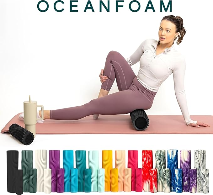 Oceanfoam Ripple Travel Foam Roller (11" x 3.35") Firm Mini Foam Roller for Physical Therapy, Deep Tissue Massage, Back Pain - High Density, Wave Textured - Yoga, Exercise (Black & Charcoal Marbled)