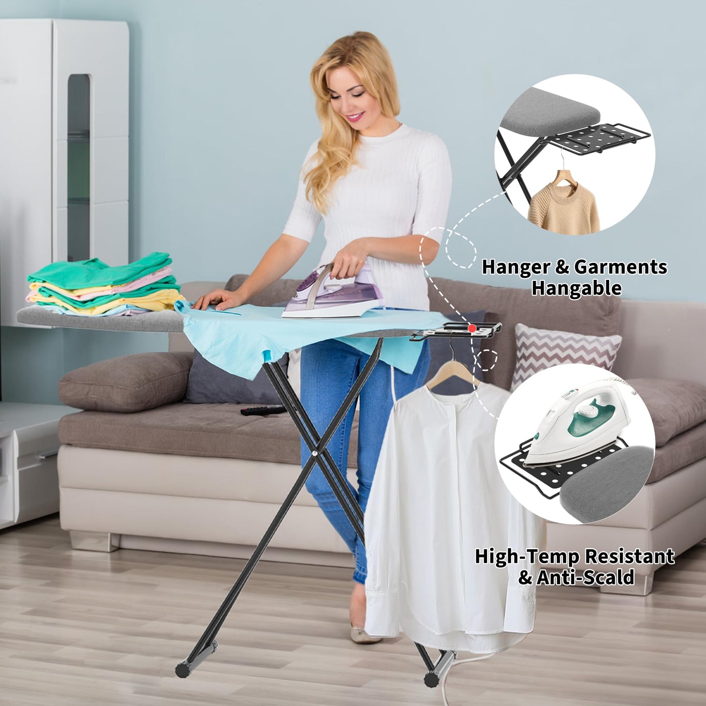 DIAMONDFORGE Ironing Board with Porous Iron Rest, 7 Adjustable Heights, 43" x 13", 3-Layer Heat-Resistant Cover & Pad for Home Laundry, Gray