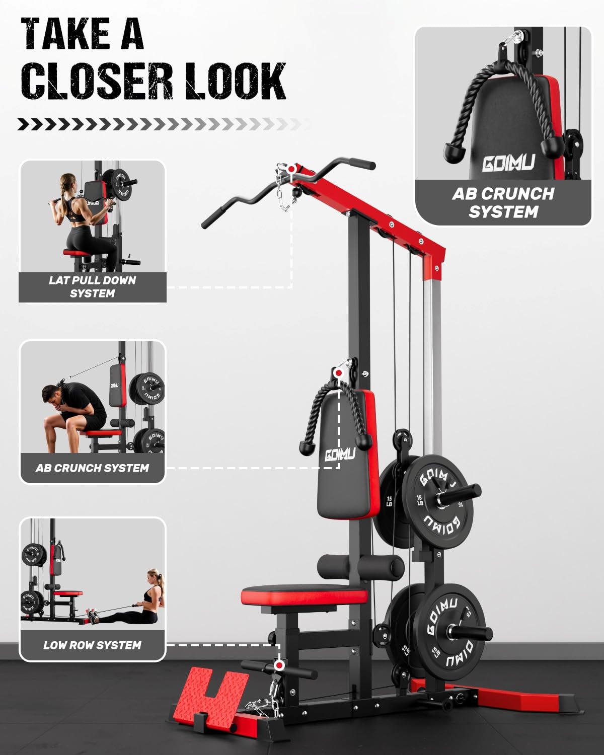 GOIMU LAT Pulldown Machines, LAT Row Cable Machine, LAT Tower with Additional Pulley Cable, High & Low Pulley Stations(Red)
