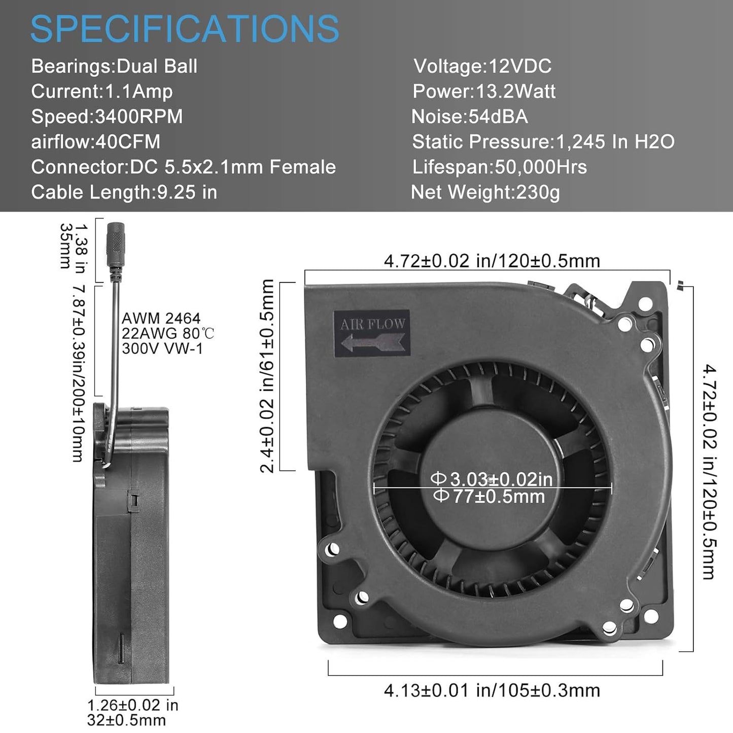 120mm 12V 110V 115V 12V 2A DC Blower Cooling Fan, AC to DC Power Cord with Speed Controller,for Router Receiver DVR
