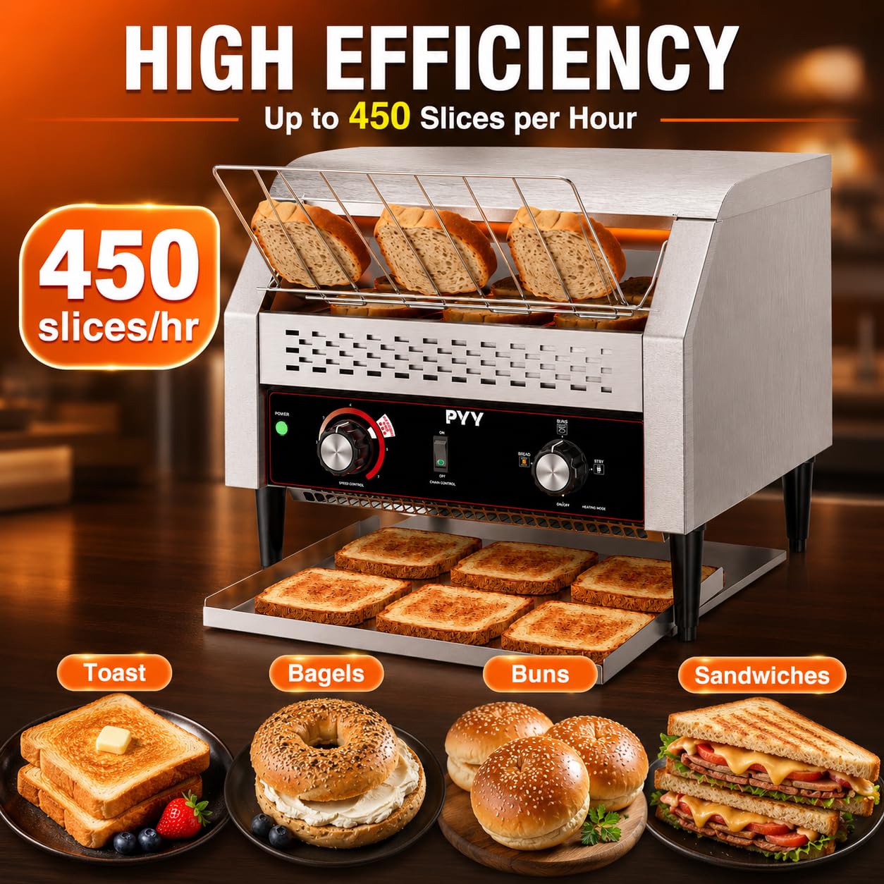 PYY Commercial Conveyor Toaster 450pcs/h - Commercial Toaster for Toast, Bun, Bagel, Bread, Heavy Duty Stainless Steel Toaster Oven for Restaurant, Bakery, Buffet Use