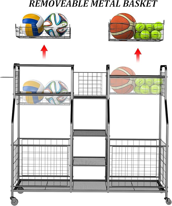 Garage Sports Equipment Organizer - Ball Storage Rack with Elastic Rope or Wire Mesh,Garage Organizer System with Wheels,Indoor/Outdoor Sports Rack for Sports Gear and Toys Storage,Black