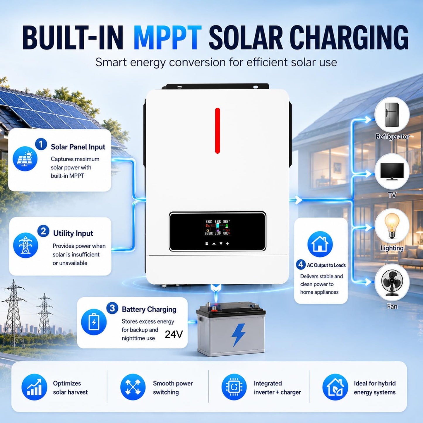 SWIPOWER 3600W Hybrid Solar Inverter - 24V DC to 110V AC Pure Sine Wave, Built-in 120A MPPT Controller, Dustproof & Easy Installation for Home Backup, RV, Off-Grid Use