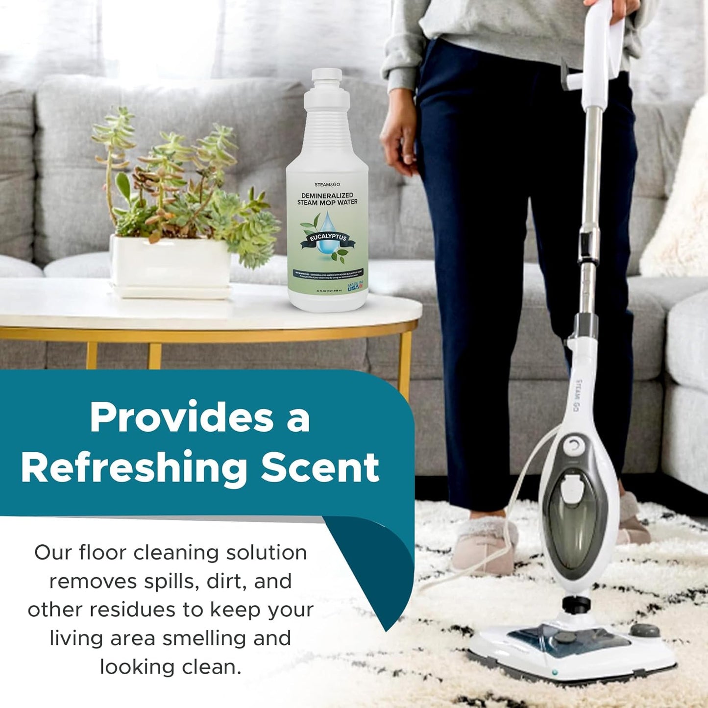 Steam & Go Demineralized Water | Eucalyptus Mint Steam Cleaner Solution, 32 oz - PVC-Free & Ready-to-Use