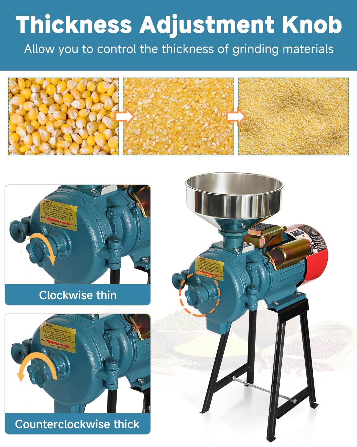NAIZEA Electric Grain Mill Grinder Corn Grinder, 3000W 110V Commercial Flour Mill Machine with Funnel, Feed Grinders for Corn, Wheat, Rice, Cereals,Molino de Maiz Electrico (Dry Grinders)