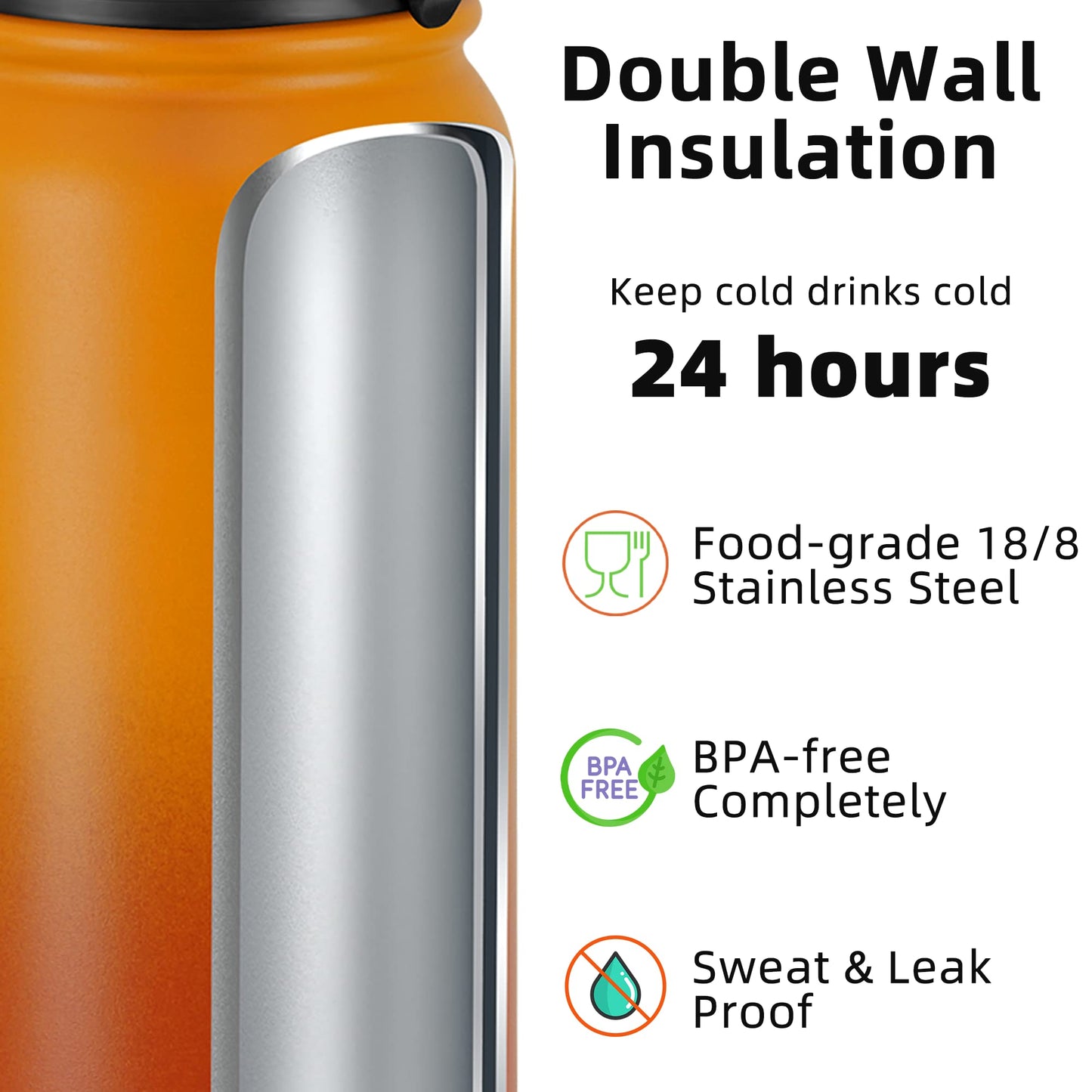 Fanhaw 32 Oz Kids Insulated Stainless Steel Water Bottle with Straw Lid, Leakproof & Anti-Dust Everyday Use Bottle for School, Women & Men, Back to School Essentials (Yellow Orange)