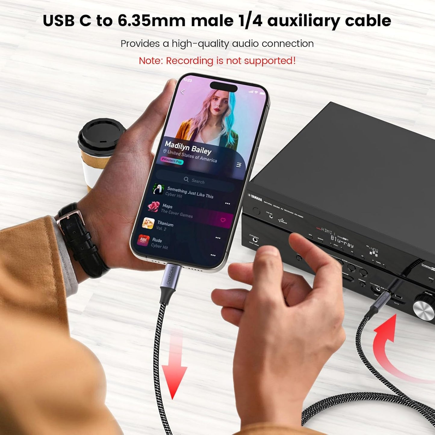 1/4 6.35mm 1/4 Theater(6.6ft/2m) MOSWAG USB C to TRS Audio Stereo Cable, USB Type C to Adapter Cable with Speaker