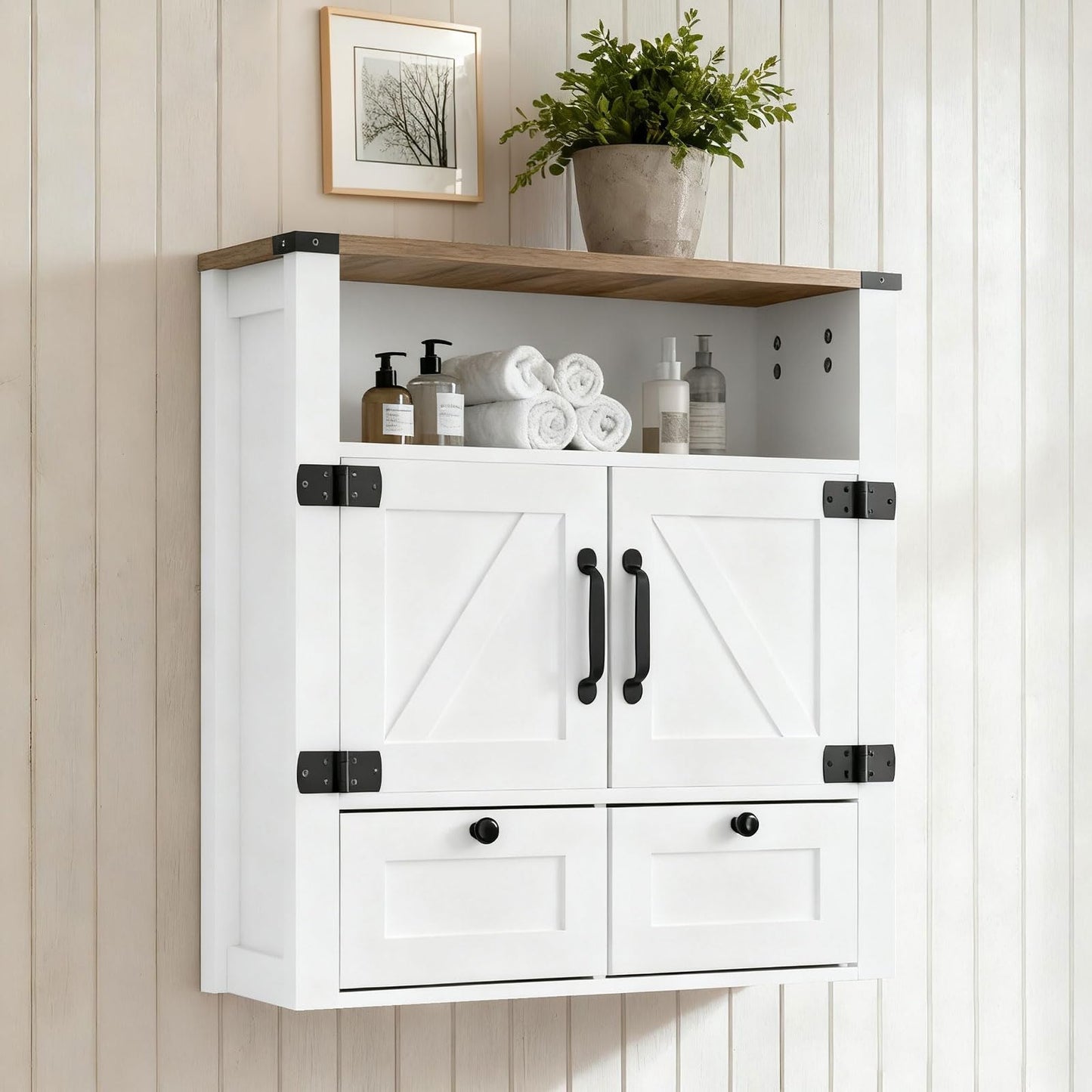 M METERXITY Bathroom Wall Cabinet, Farmhouse Medicine Cabinet with Mirror, Drawer, Barn Doors, Over the Toilet Storage Cabinets Wall Mounted for Bathroom Kitchen Laundry Entrance, Rustic