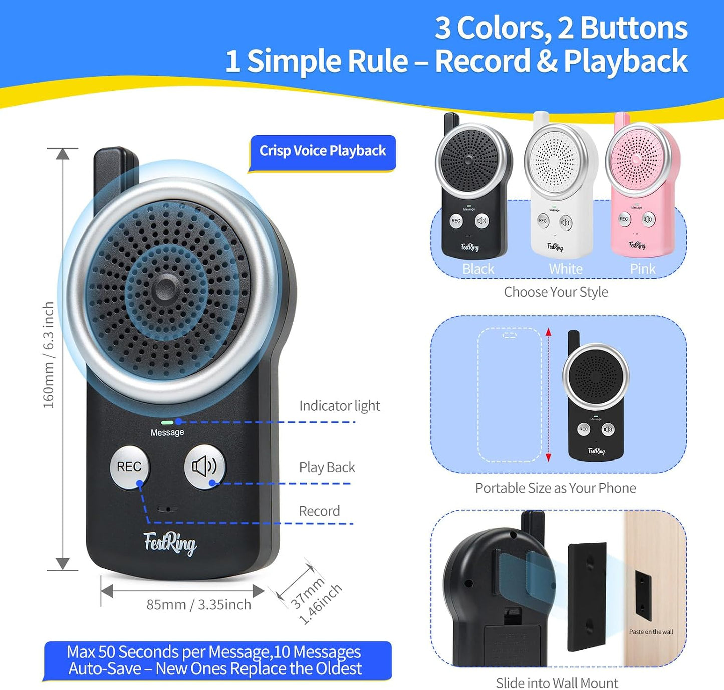 FESTRING 50 2-Button Seconds Voice Recorder with Playback, Kids Toy Voice Recorder, Simple Digital Recorder for Quick