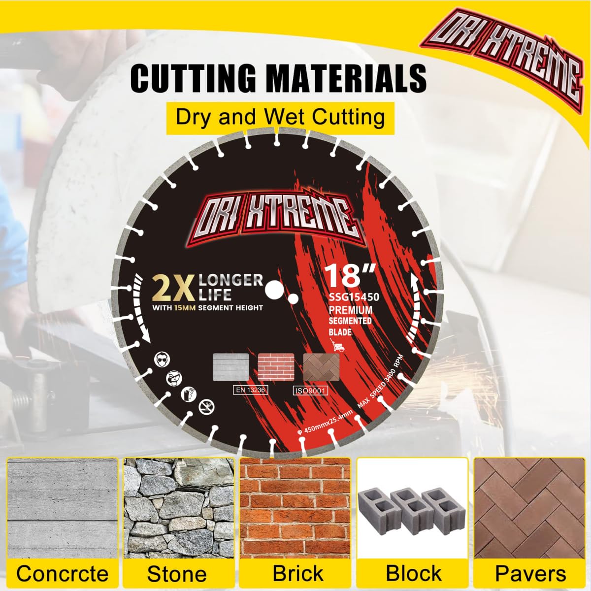 ORIXTREME 18 Inch Diamond Concrete Saw Blade, Segmented General Purpose Blade Dry/Wet Cutting Concrete, Reinforced Concrete, Masonry, Brick, Block,1" Arbor