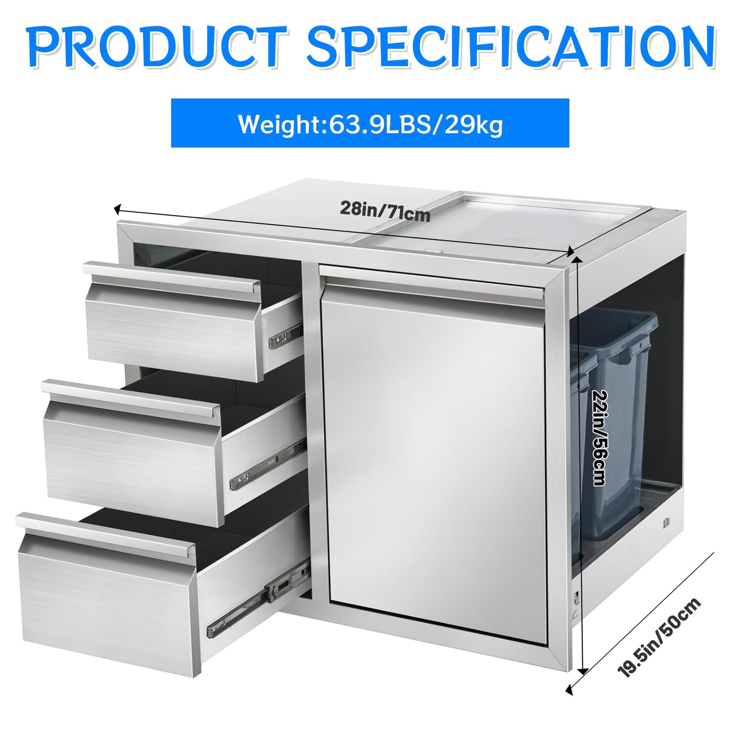 Duluciate Outdoor Kitchen Drawer Combo, Stainless Steel Triple Drawer Cabinet with Built-in Trash Bin Drawer & Two Trash Cans, 28" W x 22" H x 19.5" D Outdoor Kitchen Storage for BBQ Grill Islands