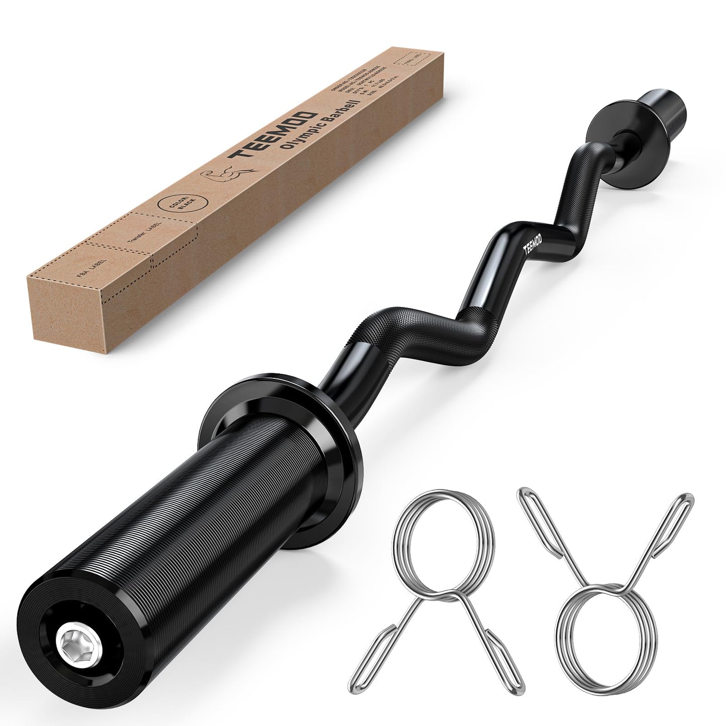 TEEMOO Olympic EZ Curl Barbell Bar, 47" Curl Bar with 2 Spring Collars, Curling bar for Weight Lifting, Squat, Hip Thrusts, Biceps, 500lb Weight Capacity, E-Coat Finish for 2 inch Weight Plates (Black)
