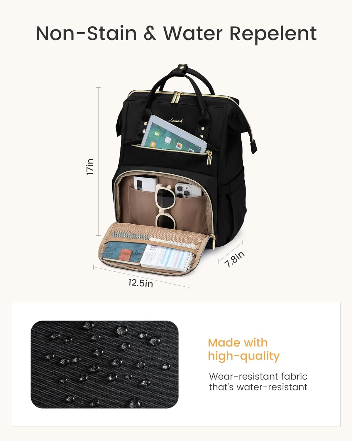 Backpack Pocket,17 inch Backpack Backpack Daypack,Black LOVEVOOK Laptop for Women with Giant Tumbler Holder Waterproof