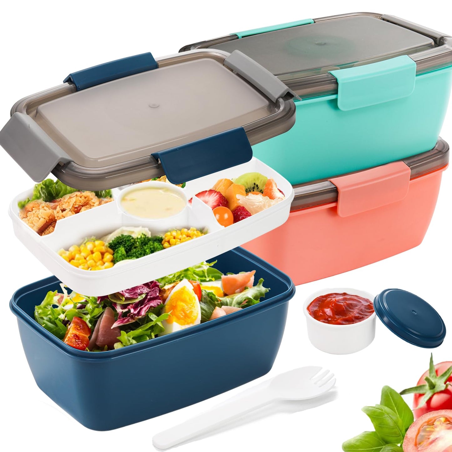 Youeon 3 Pcs 68 Oz Salad Lunch Container with 4 Compartment Tray, Bento Lunch Box with Spoon & Dressing Cup, Leakproof Salad Container for Lunch, Toppings, Snacks, Fruits, BPA-Free