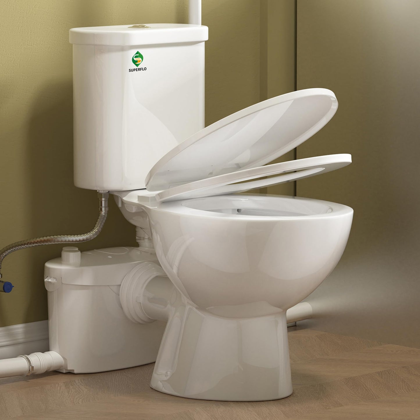 SUPERFLO 750W Macerating Toilet System - Powerful & Quiet, Upflush Toilet for Basement with 4 Water Inlet for Basements & Garage, Macerator Toilets Pump System - Easy Installation